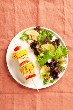 Vegan plate with vegetable skewer with tofu served and salad