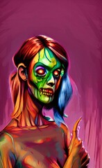 Fototapeta na wymiar Digital oil painting scary halloween zombie girl portrait. Horror nightmare face. Design template for commercial halloween products. Large size canvas wall art print, poster, card, invitation.