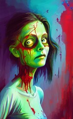 Digital oil painting scary halloween zombie girl portrait. Horror nightmare face. Design template for commercial halloween products. Large size canvas wall art print, poster, card, invitation.