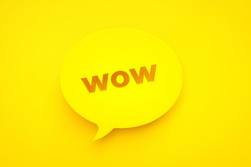 speech bubble with inscription wow over yellow background, 3d render