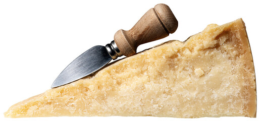 Slice of Italian Parmesan cheese with an old knife isolated on transparent background. Photography,...