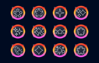 Stars set icon. Review, feedback, rating, flicker star, starry sky, comet, shooting star with tail, twinkle, desire. Dream concept. Glassmorphism style. Vector line icon