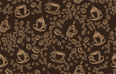 Beans and  Coffee Cup  hand drawn style. Vector illustration.	
