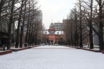 Naklejka premium Sapporo, Japan - December 22, 2019: Scenery of the Former Hokkaido Government Office Building, a tourist attraction in Hokkaido, Japan