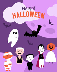 Vintage Halloween poster design with vector vampire, mummy character.