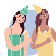 Happy young woman at celebration party. Birthday or New Year eve. Vector flat illustration, isolated on a white background