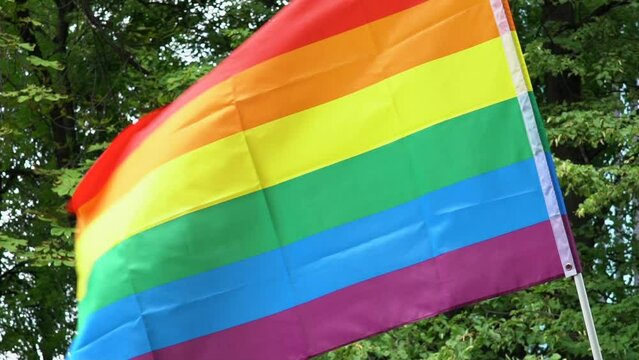 LGBT flag waving in slow motion. Equality march, pride parade. Young people with rainbows fighting for LGBTQ+ rights. Struggle for LGBT rights