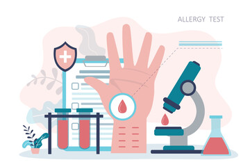 Patient hand with incisions for testing for allergens. Large microscope with drop of blood for research