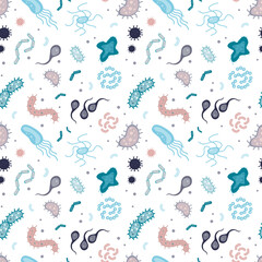 Seamless pattern with various bacterial. Microbiology, texture with microorganisms and pathogens. Medicine background, healthcare. Microscopic life, germ, funny wallpaper.
