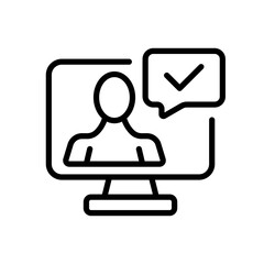 Online meeting line icon. Man with a check mark. Tick, approved, computer monitor, conference, appointment. Business concept. Vector black line icon on a white background