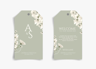 White flower on green wedding gift card or thank you card, wedding tag, gift tag with front side and backside. Nature theme wedding card. Nature cover. Wedding tag card template.
