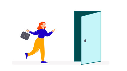 an employee resigns, quits or leaves the company, an employee is fired and walks through the exit door. the girl runs out the door. the worker runs