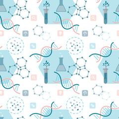 Biotechnology, seamless pattern. Structures of various plants. Science, bio research, genetic engineering to create new plant species. Texture template. DNA test, chemistry elements and symbol.