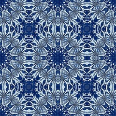 Fototapeta Indigo blue snow flake damask pattern background. Frosty painterly effect seamless backdrop. Festive cold holiday season wall paper tile.  obraz