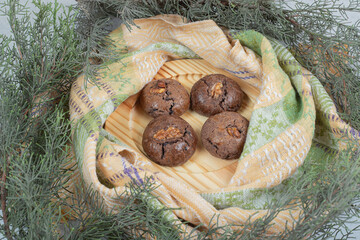 Chocolate sweet chip cookies on napkin