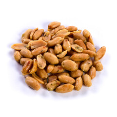 pile of spiced peanuts isolated close up on white background 