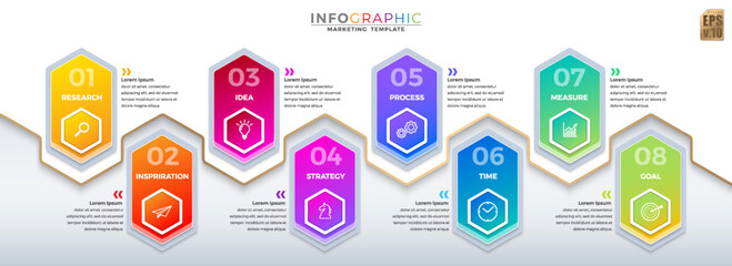 Infographic VECTOR business design hexagon icons colorful template. 8 options or steps isolated minimal style. You can used for Marketing process, workflow presentations layout, flow chart, print ad.