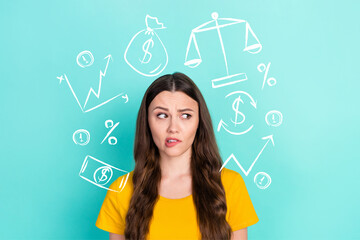 Composite collage image of minded girl bite lip hesitate think money income isolated on creative background
