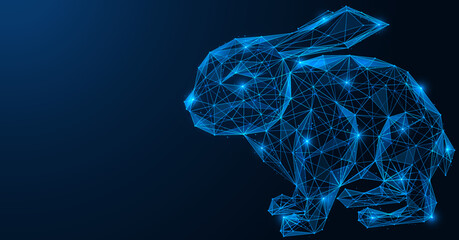 Rabbit, the symbol of the Chinese New Year 2023. Low-poly design of interconnected lines and dots. Blue background. © Ilya