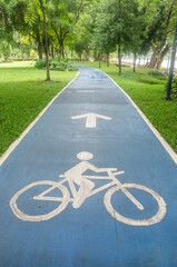 Obraz premium Separate bicycle lane for riding bicycles. White painted icon bike on sky blue lane. Symbol to indicate the road for bicycles. Concept for ride ecological green urban transport.