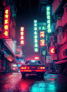 Illustration of a Cyber Tokyo neon street. A rainy night in a slepless Dystopic future city, full of billboards and cars. Advanced technological metropolis with a Blade runner feeling. 