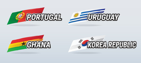 Vector banners featuring country names with national flags for Portugal, Ghana, Uruguay and Korea Republic, for World Cup groups and other sports, in hand drawn illustration style.