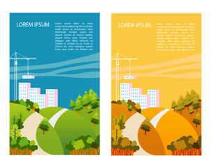 Flat style vector banner of a landscape with new construction site on the hills near the forest, new residential zone planning, real estate business advertisement mock-up, summer and fall versions