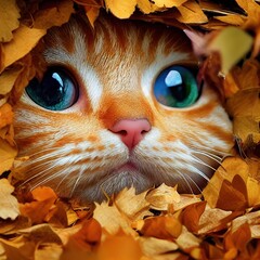 Kitty red cat with autumn orange leaves fall park. 3D illustration. - obrazy, fototapety, plakaty