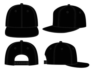 Blank Black Hip Hop Cap With Adjustable Snap Back Strap Closure Template On White Background, Vector File