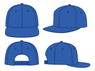 Blank Blue Hip Hop Cap With Adjustable Snap Back Strap Closure Template On White Background, Vector File