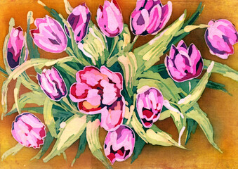 Watercolor bouquet of tulips on a brown background.