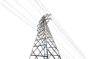 Photography of a High voltage tower, power line with electric cables and insulators isolated on...