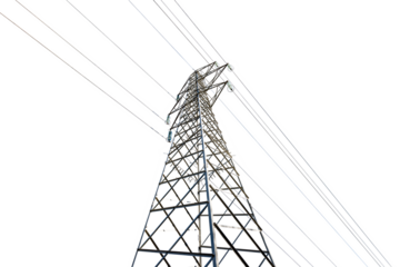 Photography of a High voltage tower, power line with electric cables and insulators isolated on transparent background, png.