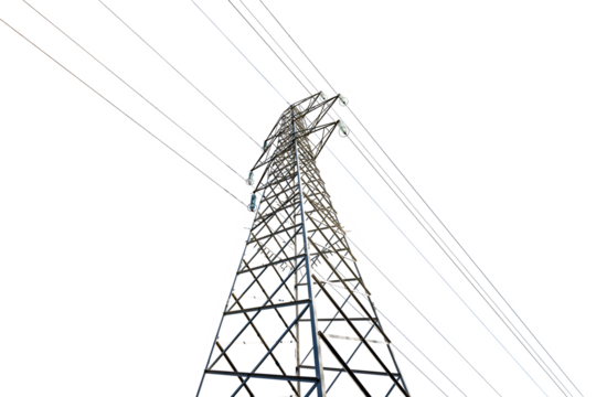 Photography of a High voltage tower, power line with electric cables and insulators isolated on transparent background, png.