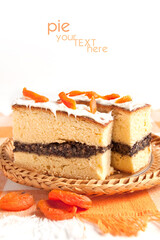 Slice of poppy seed cake and apricot decor on the white background