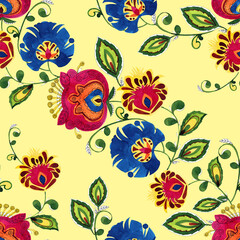 Naklejka premium Watercolor seamless pattern with ukrainian folk flowers.