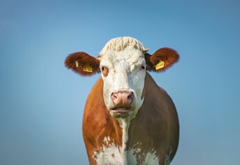 Close-up shot of a white and ginger cow with an open mouth on a background of the blue sky