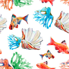 Watercolor seamless pattern with fishes, coral and shell on white background.