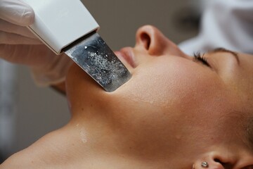 Ultrasonic cleaning of women's skin in a beauty salon.