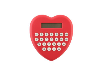 Red heart shaped calculator isolated on white with clipping path