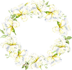 Obraz na płótnie Canvas White irises wreath. Watercolor clipart