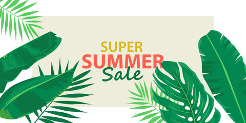 super summer sale tropical leaves background