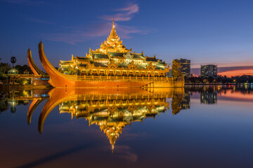 Yangon, Myanmar at Karaweik Palace in Kandawgyi Royal Lake