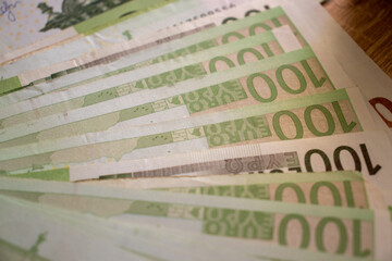 Euro currency as inflation in Europe concept. European Union banknotes background. Economy crisis after war in Ukraine. Budget problem background