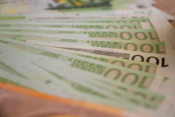 Euro currency as inflation in Europe concept. European Union banknotes background. Economy crisis after war in Ukraine. Budget problem background