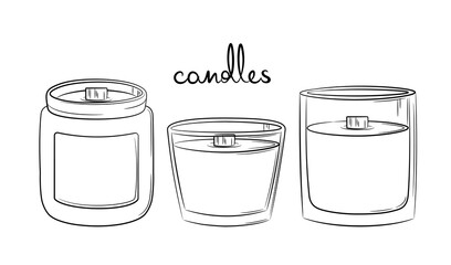 A selection of scented candles hand drawn in sketch style. Simple candles with wooden wicks in glass candlesticks. Isolated vector illustration.