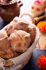 Pan de Muerto. Typical Mexican sweet bread that is consumed in the season of the day of the dead. It is a main element in the altars and offerings in the festivity of the day of the dead.