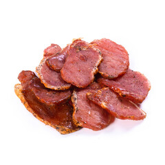 Beef jerky meat on white background