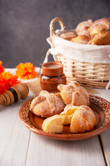 Pan de Muerto. Typical Mexican sweet bread that is consumed in the season of the day of the dead. It is a main element in the altars and offerings in the festivity of the day of the dead.