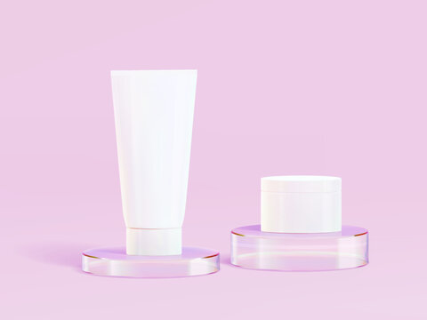 3d glass podium. Beauty product display cosmetic minimal scene. Vector cosmetic promotion stage.